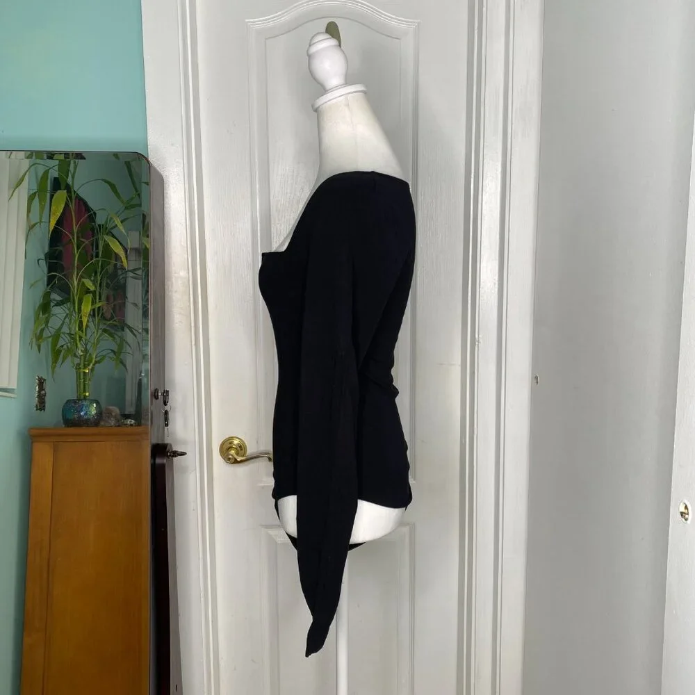 Free People Intimately Black Square Neck V Notch Stretch Bodysuit, S #338 - Picture 2 of 10